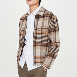 男装 翻领英伦风双面羊绒大衣外套宽松休闲秋冬潮 格子毛呢夹克短款