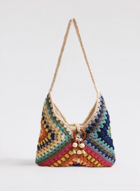 民族风单肩棉线编织包新款彩色祖母格草编包度假风沙滩包百搭女包