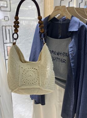 编织海边休闲度假风针织通勤托特包新款珠子肩带沙滩腋下斜挎包
