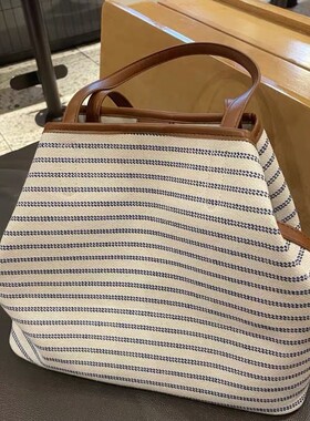 2025新款韩系小众大容量条纹托特包高级慵懒时尚通勤百搭帆布包包