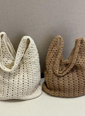 新款百搭棉线钩针编织包 女小众度假风休闲草编包 慵懒风单肩包
