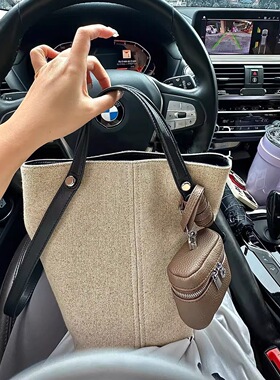 小众亚麻大容量水桶包高级感百搭腋下包2025复古通勤单肩手提包女