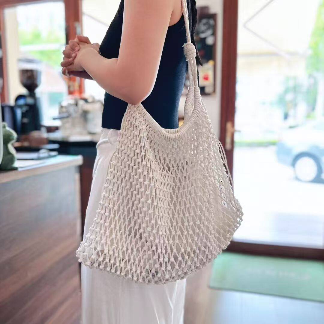 韩国棉线手工编织渔网包镂空网兜单肩包大容量托特包度假风沙滩包