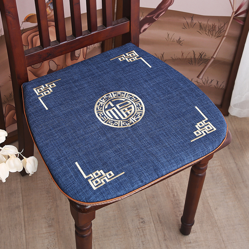 中式餐椅垫刺绣坐垫防滑棉麻椅垫加厚马蹄形座垫可拆洗实木椅子垫