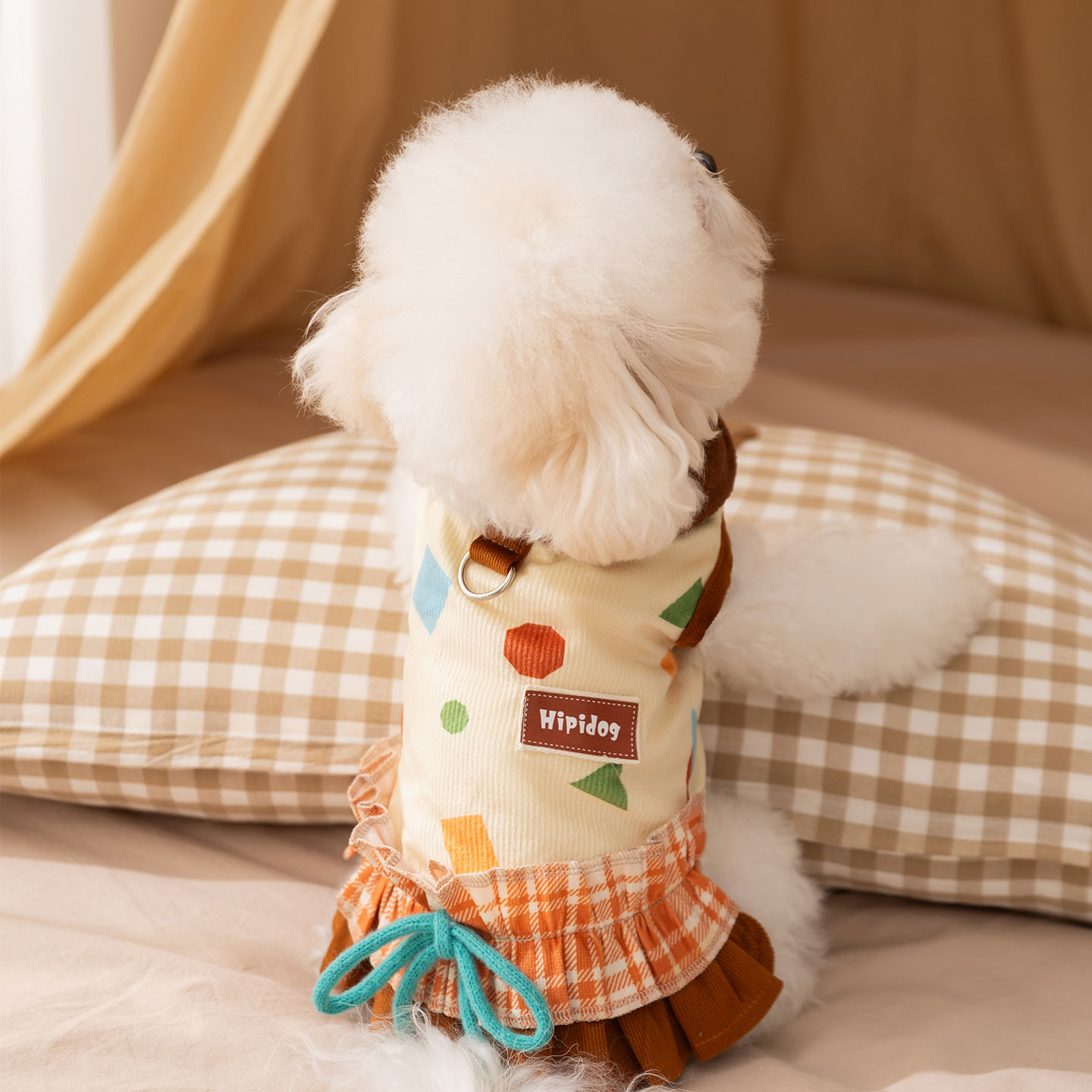 秋冬新款狗狗衣服灯芯绒满印牵引冬裙中小型犬比熊泰迪保暖两脚衣