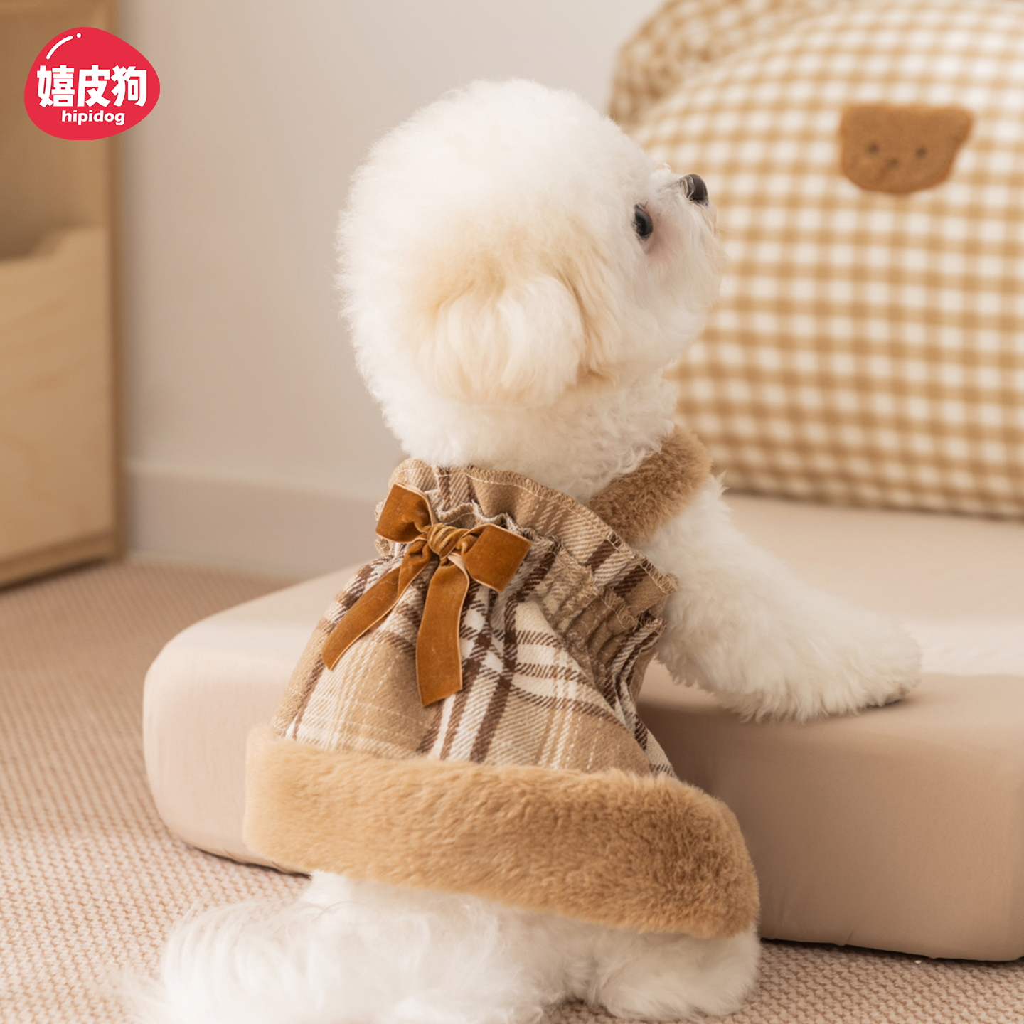 狗狗衣服套装蝴蝶结格子棉衣裙