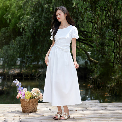 一字肩白色连衣裙子女夏季2026新款韩系清纯系白月光穿搭套装长裙