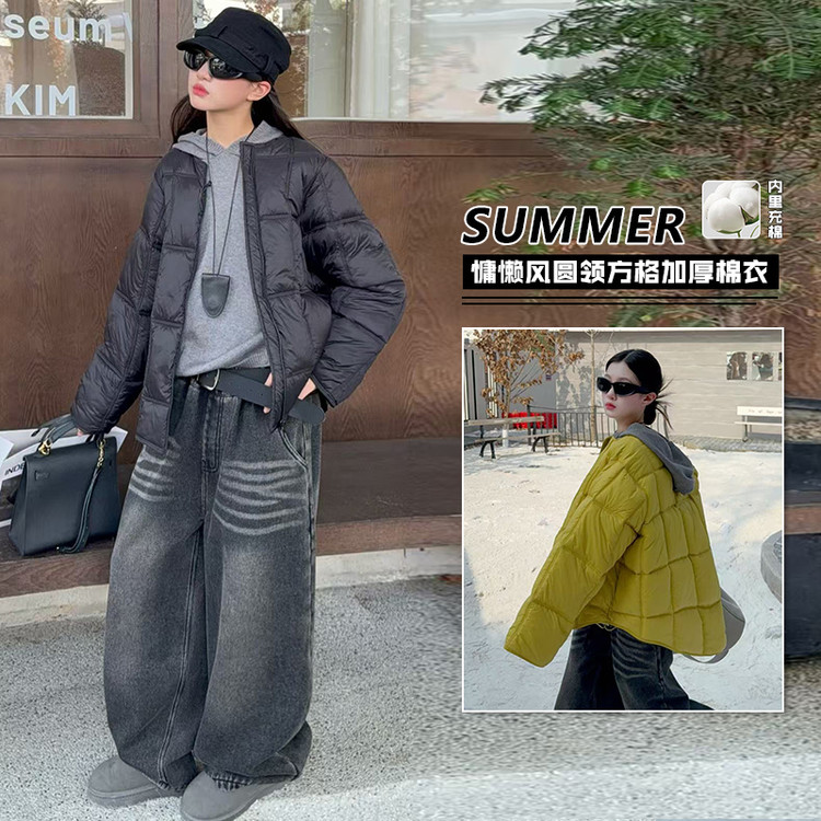 TT休闲冬季女童双色棉衣连帽毛衣黑色加绒牛仔裤儿童运动套装