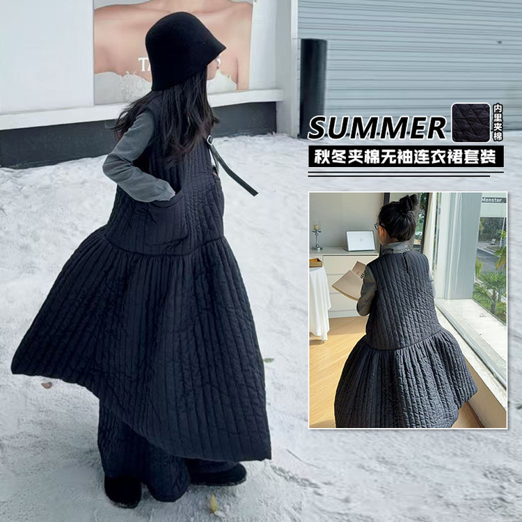 韩版冬季棉背心裙套装高领加绒打底衫三件套一套纯色儿童运动套装