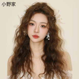 小野家假发女全真人发复古羊毛卷长卷发轻薄蕾丝自然夏天全头套式