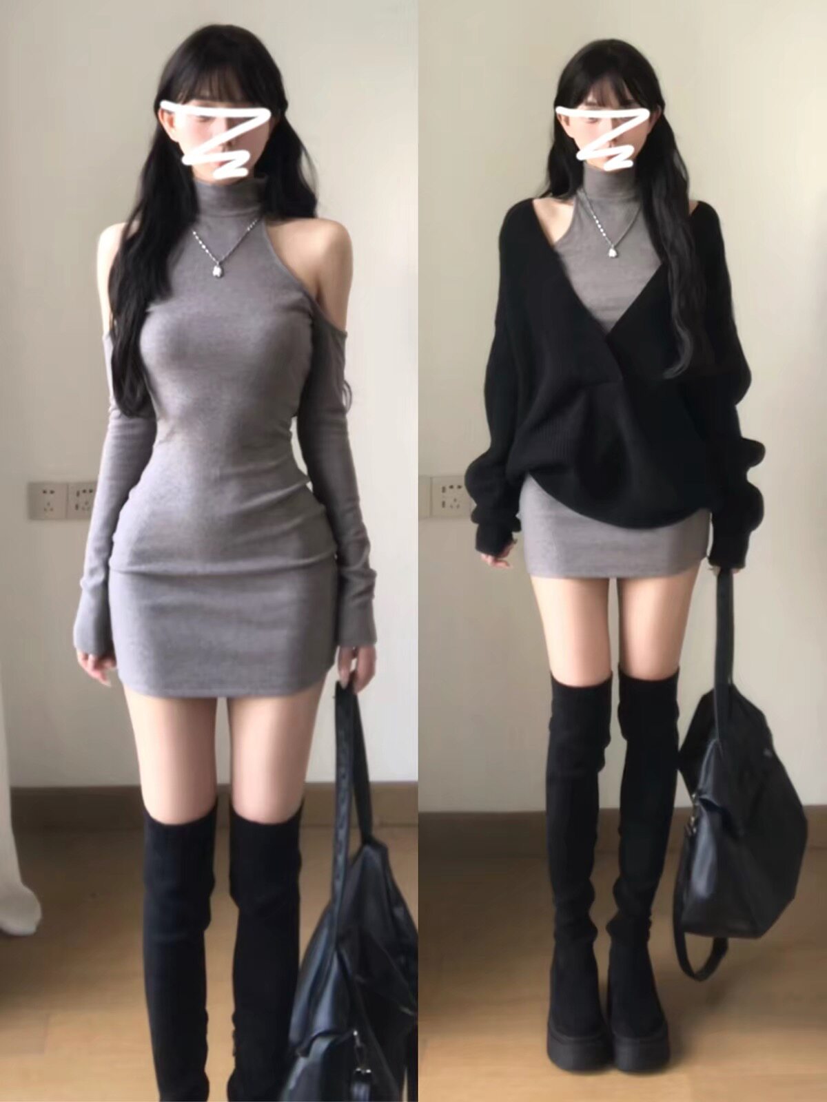 早秋韩系氛围感黑色V领针织上衣搭配包臀短裙气质性感两件套装