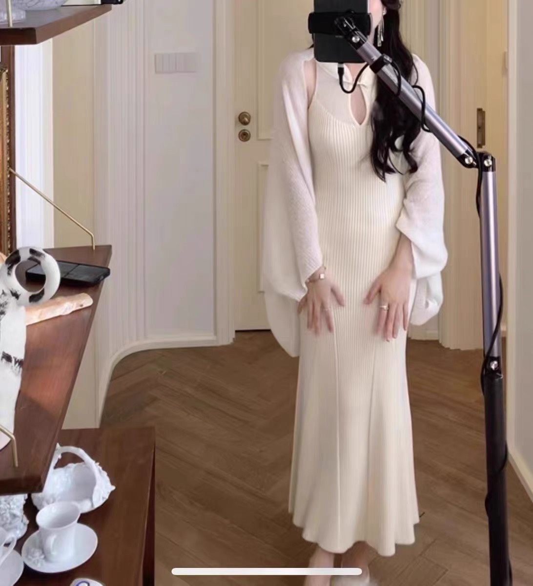【留洋白月光】慵懒风披肩开衫女秋设计感鱼尾旗袍针织连衣裙