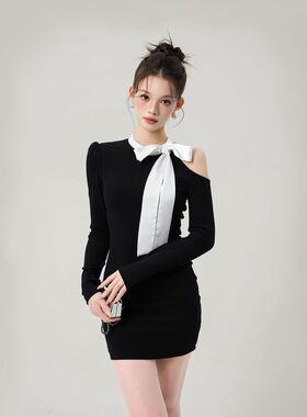 EUSKY IIWAN黑色针织连衣裙女秋气质蝴蝶结露肩小众设计感包臀裙