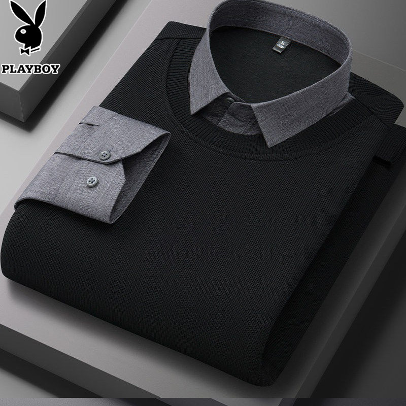 花花公子2026春季长袖衬衫男假两件山羊绒圆领毛衣纯色抗菌寸衫