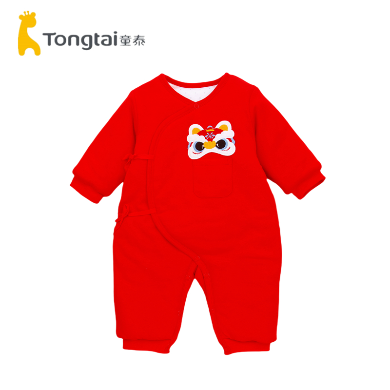 童泰0-6月新生婴儿男女宝宝200克厚棉偏开蛤衣醒狮大红系带连体衣