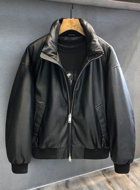 专柜进口摔蜡双纹皮衣重磅90鸭绒羽绒服男士机车夹克冬季保暖外套