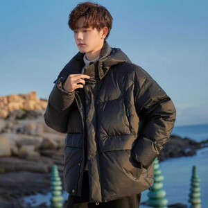 亮面短款羽绒服男士2023冬季新款宽松加厚连帽面包服外套休闲潮流