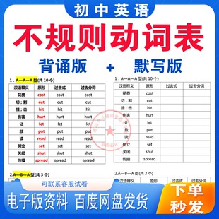 初中英语不规则动词过去式 过去分词变化时态转化表背诵默写电子版