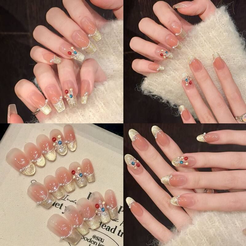 彩色气球可爱香槟猫眼珍珠显白纯欲少女心穿戴甲可拆卸