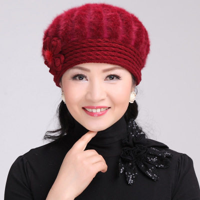 中老年人秋冬季兔毛针织帽时尚百搭老人帽子女保暖防风加绒毛线帽