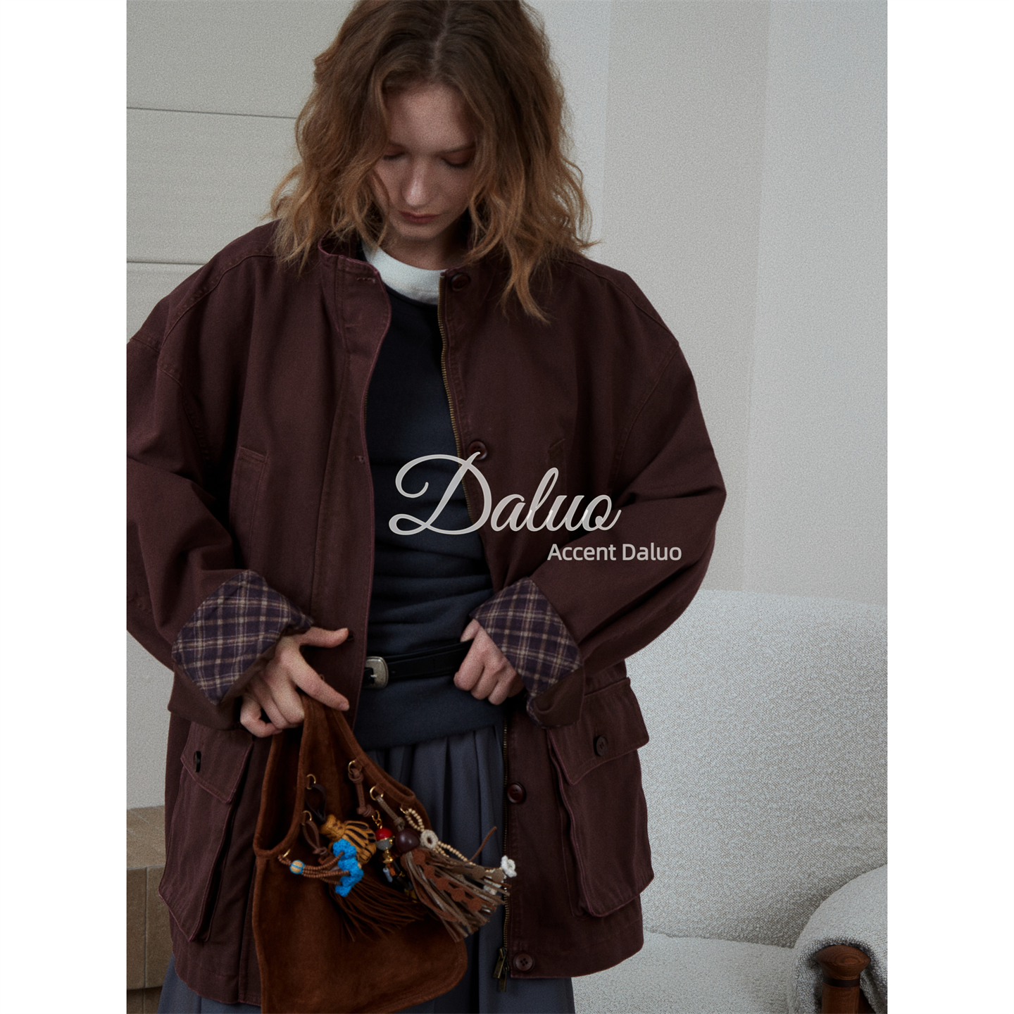 大罗Daluo 25秋冬新款 复古水洗做旧巴恩风工装廓形中长夹克外套