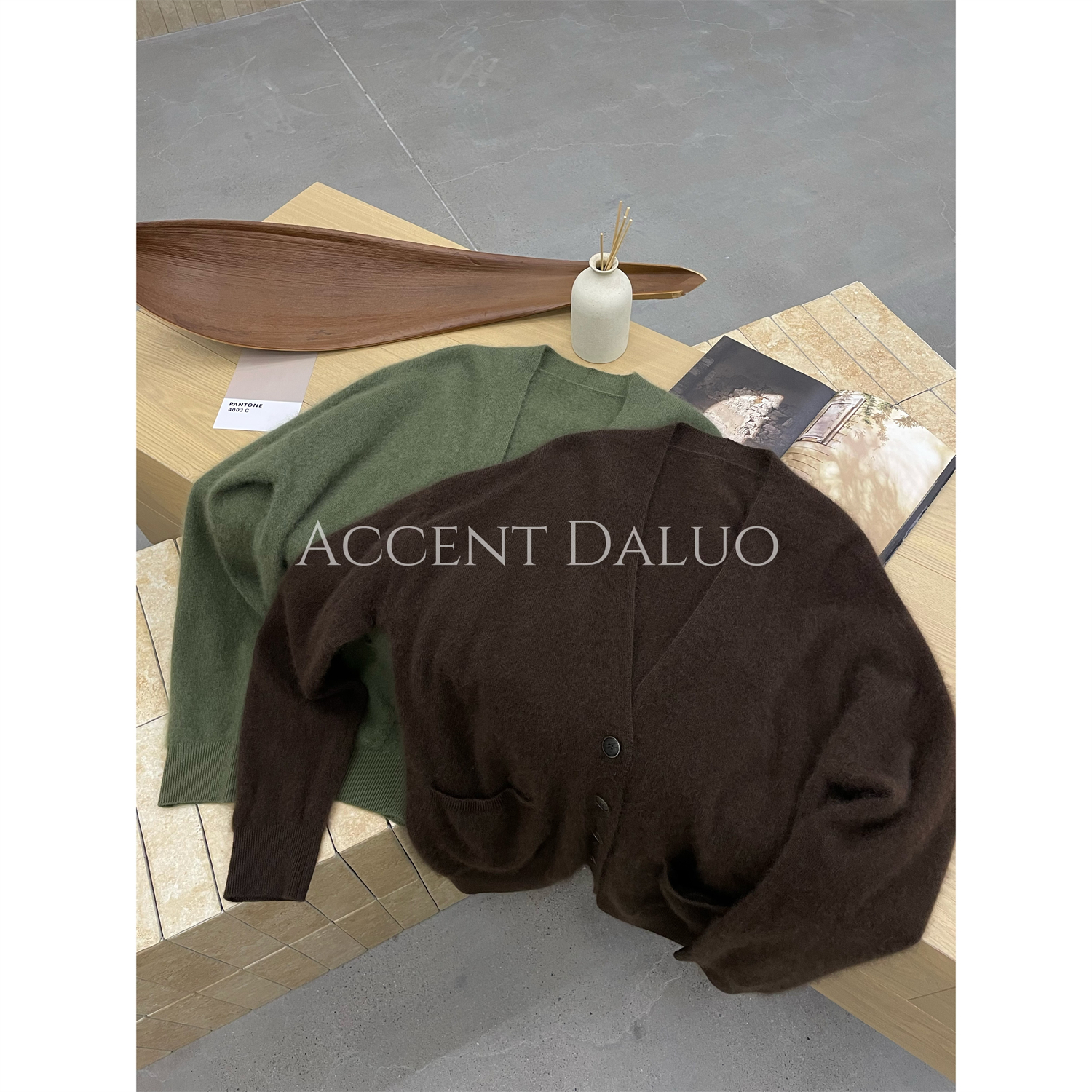 ACCENT DALUO限定色细腻亲肤绵羊毛羊绒拉毛宽松V领开衫外套/马甲