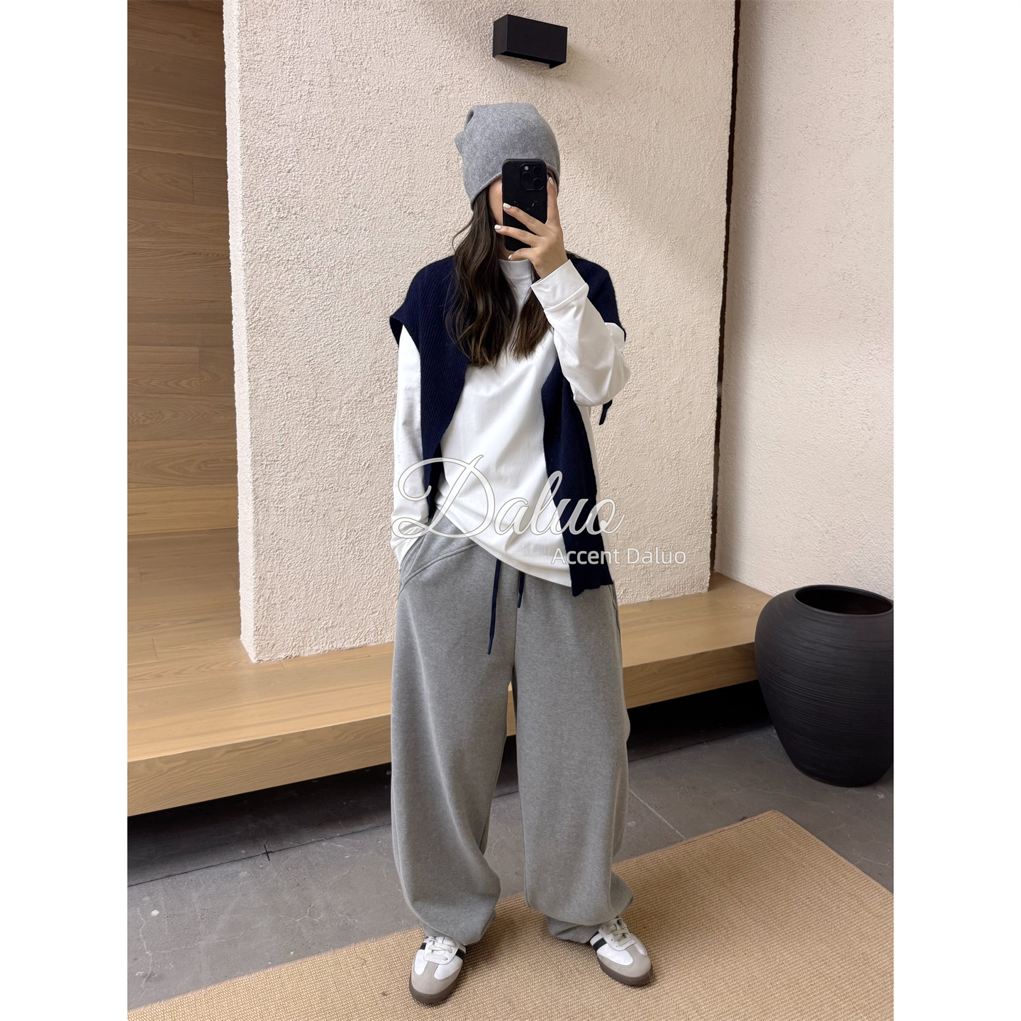 大罗Daluo立领宽松长袖T恤女外穿极简百搭亲肤纯棉内搭叠穿打底衫