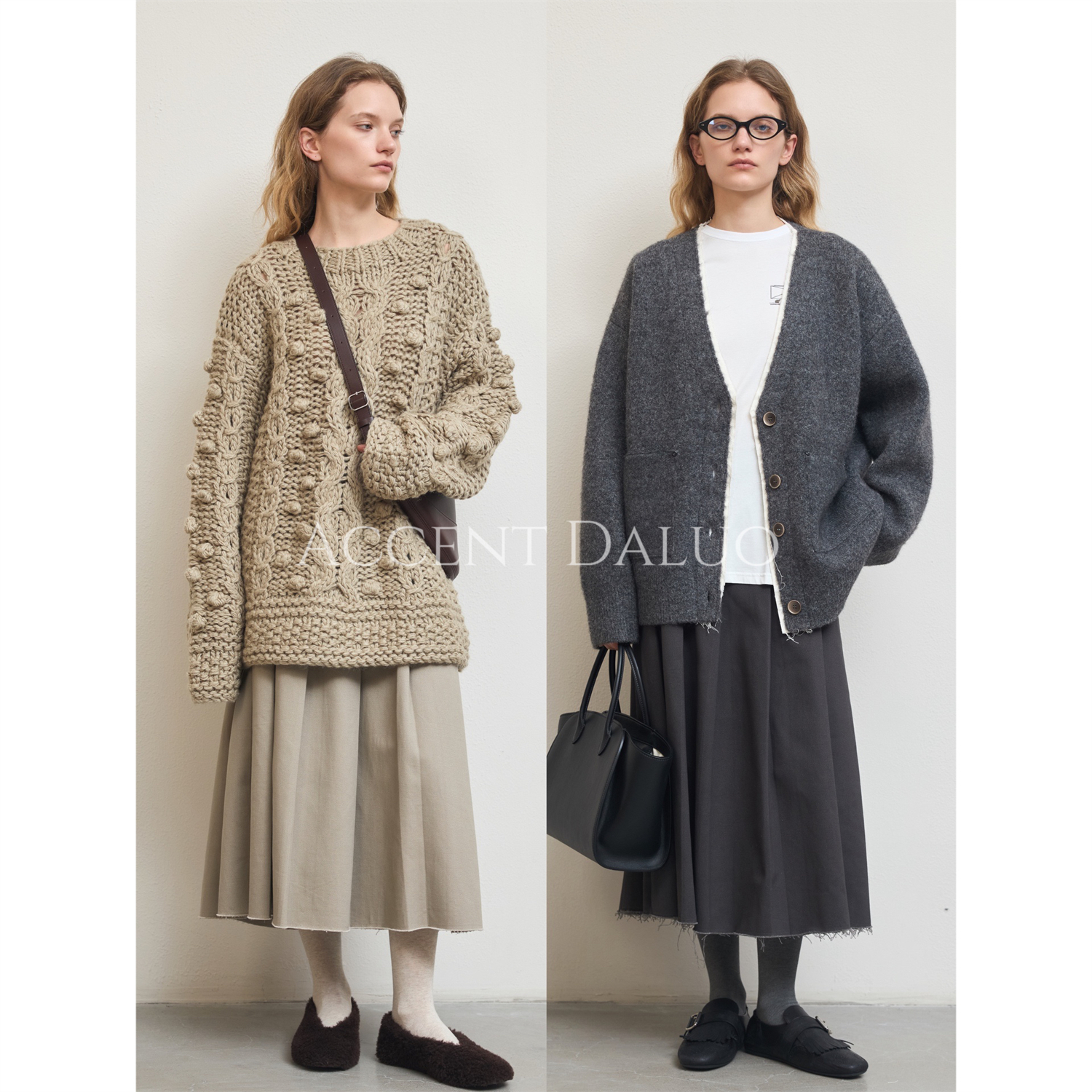 ACCENT DALUO 重磅水洗纯棉毛边双腰头内里磨毛A字百褶半身裙伞裙