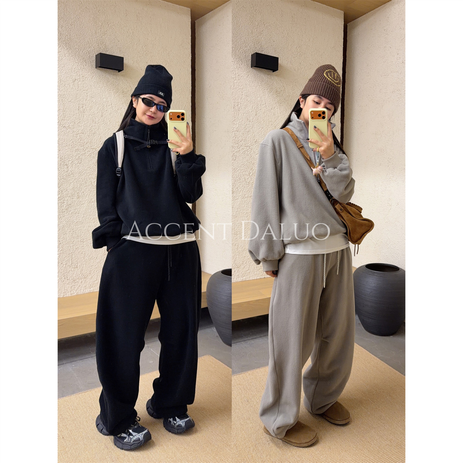 ACCENT DALUO 轻盈随行 保暖摇粒绒套头卫衣+慵懒雅痞阔腿裤套装