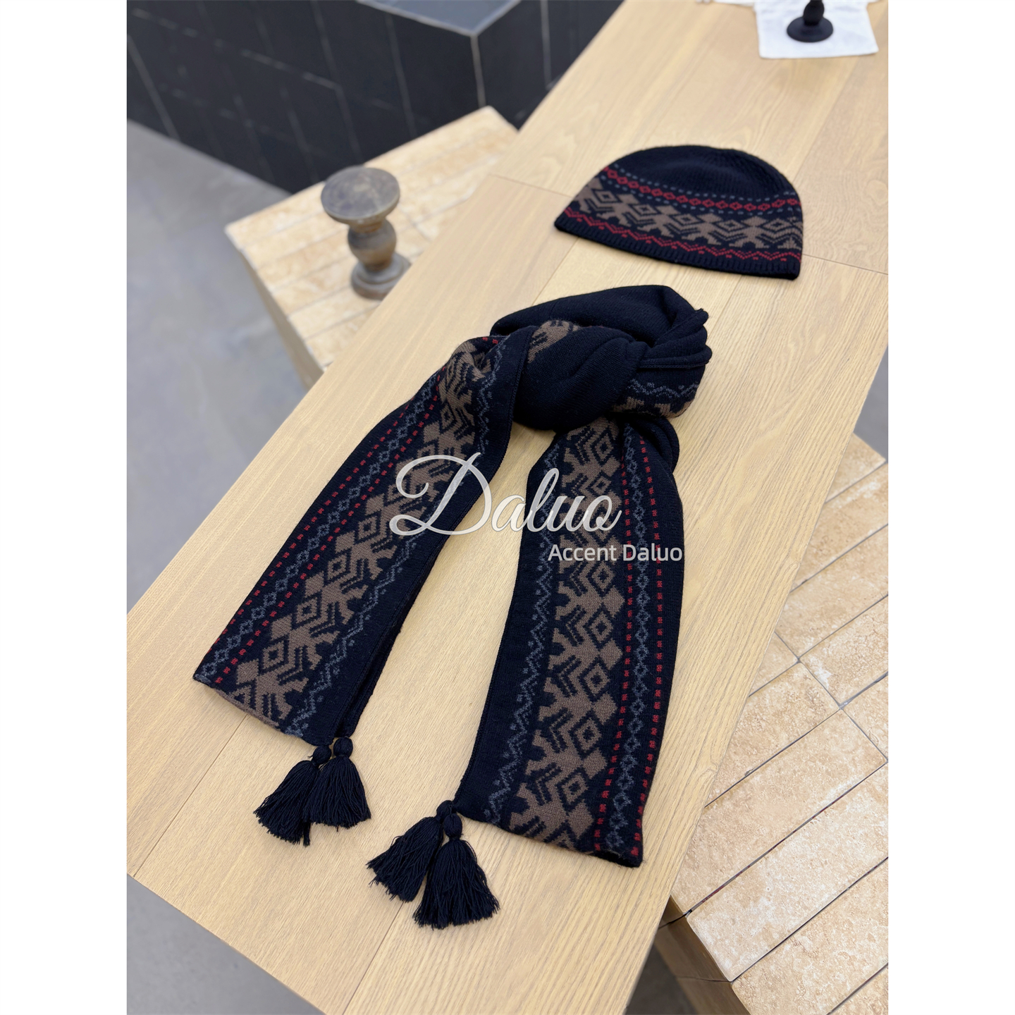 大罗Daluo 亲肤软糯保暖绵羊毛山羊绒复古高级围巾针织帽毛线帽