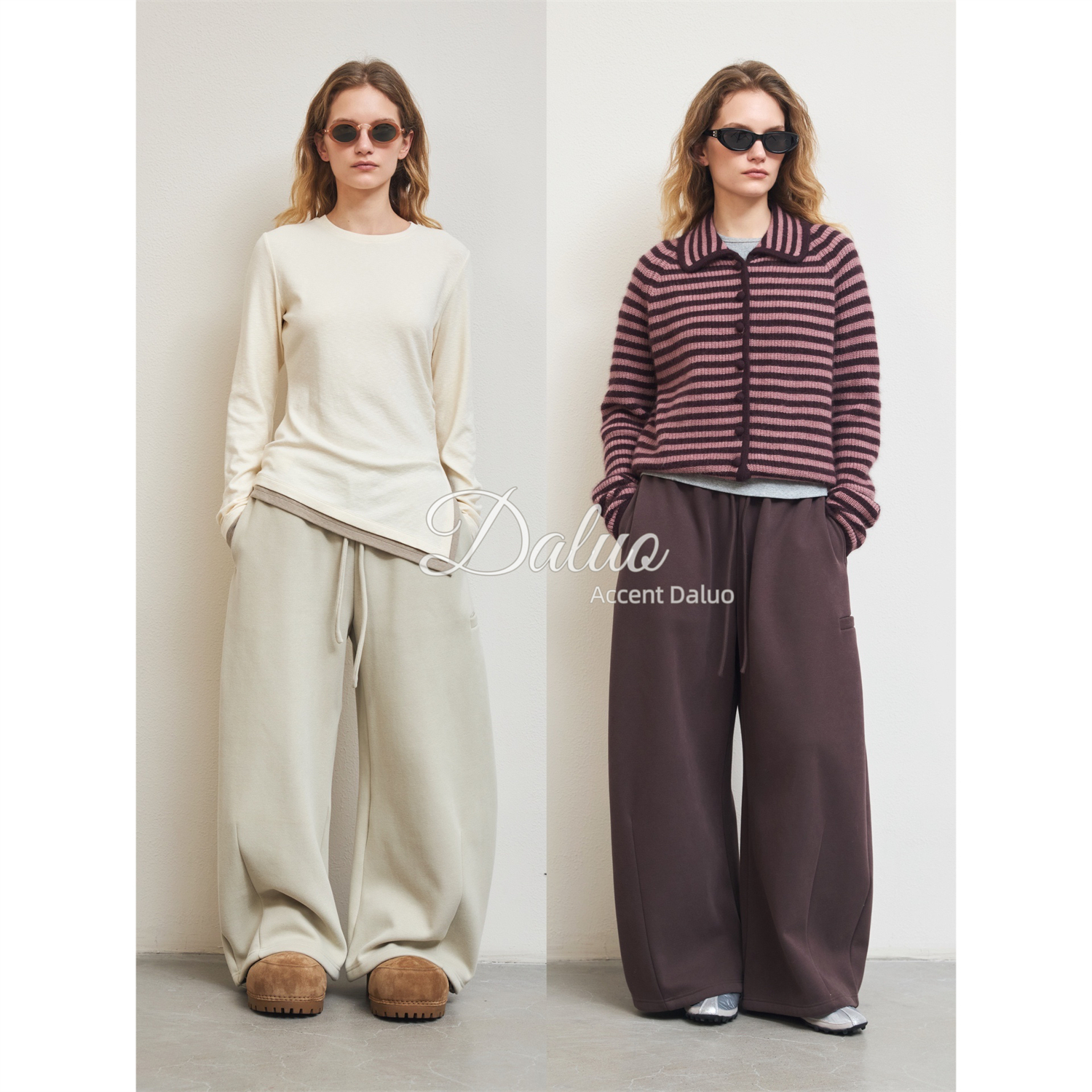 ACCENT DALUO 松紧腰裤脚可收口加绒加厚宽松大阔腿运动裤女卫裤