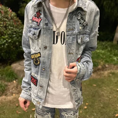 轻奢外套快手网红风格勋章背杀牛仔夹克外套男蓝背面贴布直喷刺绣