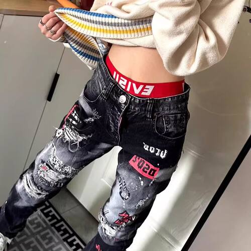广州d2轻奢穿搭泼墨牛仔裤潮牌假破洞修身显瘦闲男女同款长裤