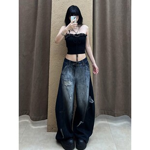 大码美式复古设计感破洞牛仔裤子女辣妹宽松bf慵懒风锥形拖地长裤
