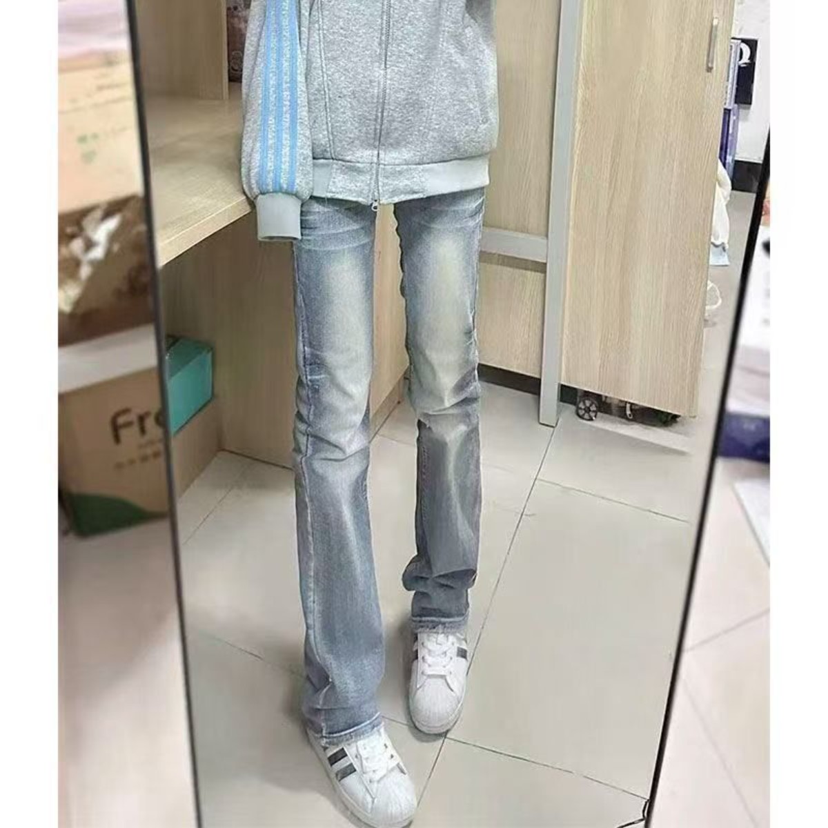 美式高街冰蓝微喇叭牛仔裤男女同款情侣宽松休闲百搭长裤cleanfit
