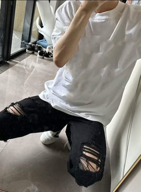 黑色破洞牛仔裤男款夏季痞帅潮牌修身直筒裤子复古显瘦精神长裤潮