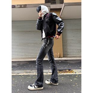 闪电纹vibe高弹力黑灰色微喇牛仔裤男款美式高街修身显瘦休闲长裤