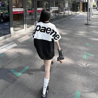 黎帮主 美式重工字母贴皮刺绣拼接撞色短袖T恤女2026新款通勤上衣