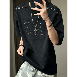 美式潮牌刺绣正肩短袖男款夏季复古硬挺重磅半袖上衣宽松休闲T恤