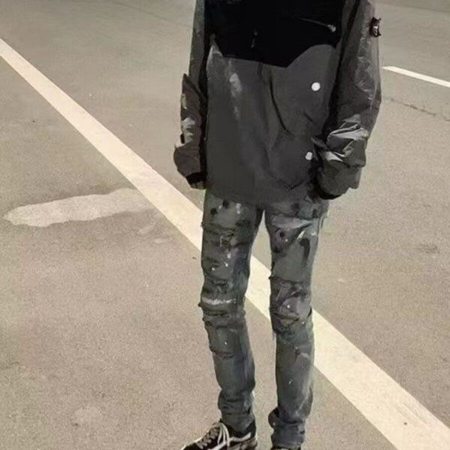 快手网红同款泼墨破洞牛仔裤男韩版高街精神小伙潮流修身直筒长裤