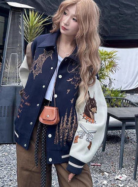 美式复古刺绣撞色棒球服男女秋冬季街头潮酷嘻哈宽松情侣夹克外套