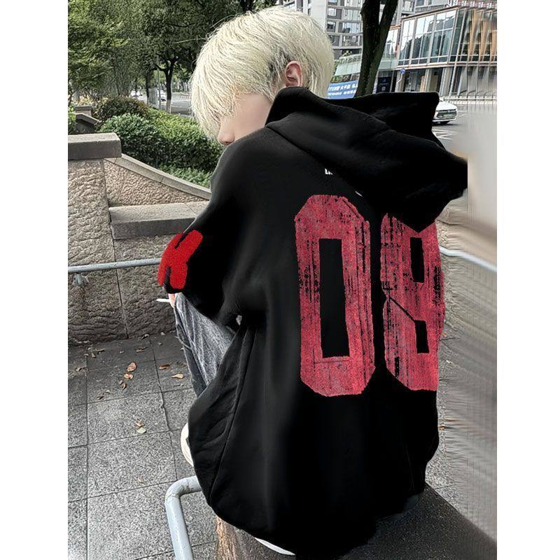 潮牌街头字母植绒刺绣美式重磅帽衫外套男女秋冬小众宽松连帽卫衣