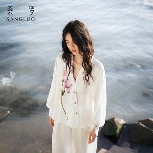 套装 V领真丝睡衣女款 100%桑蚕丝家居服外穿 桑罗新中式 东方鸢尾