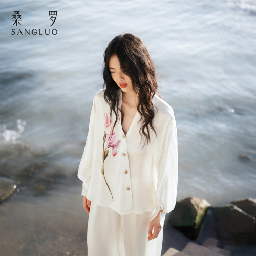 东方鸢尾』女士长袖真丝睡衣套装