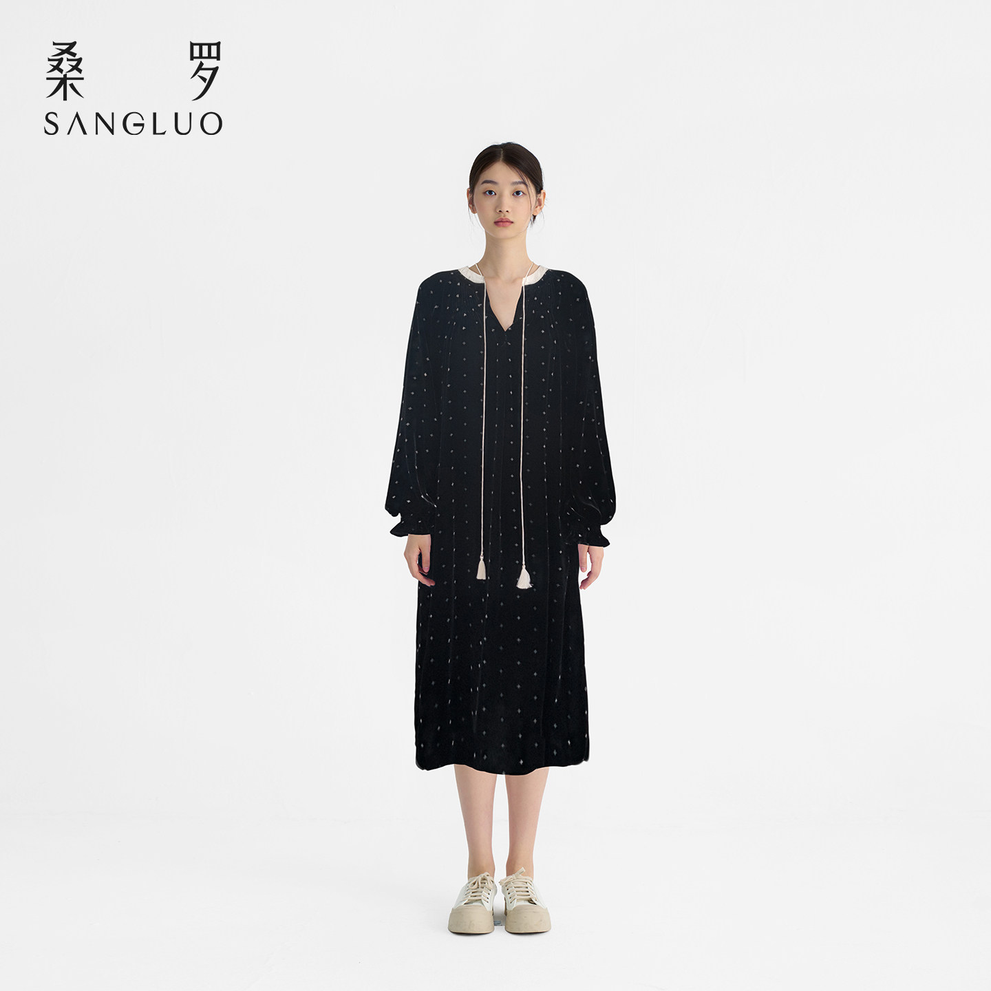 繁星印花』桑罗丝绒印花桑蚕丝连衣裙女复古优雅长袖睡裙可外穿