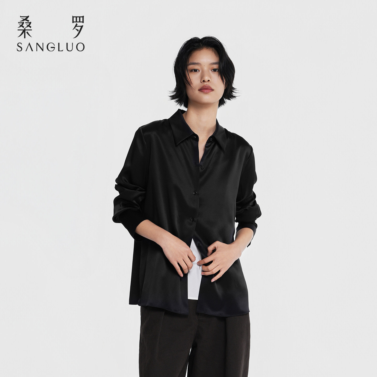 简约百搭』桑罗纯色真丝衬衫新款通勤职业长袖上衣光泽感女装