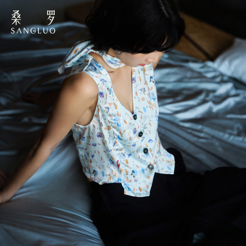 100%桑蚕丝碎花V领真丝马甲背心