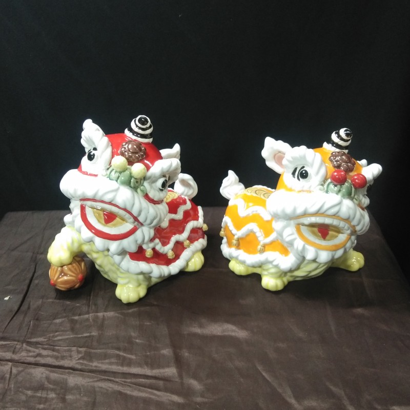 石湾公仔陶瓷人物摆件工艺品家居简约客厅桌面装饰舞狮升平送礼