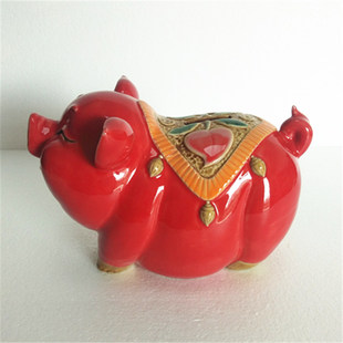 红釉猪钱罐 陶瓷工艺品摆件石湾公仔家居饰品摆设可爱肥猪