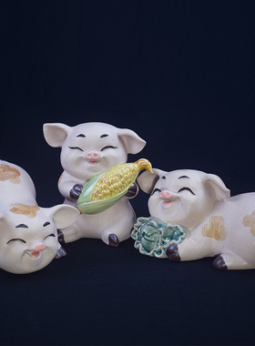 吉祥三宝猪可爱福猪 陶瓷工艺品桌面客厅摆件石湾公仔 家居装饰品